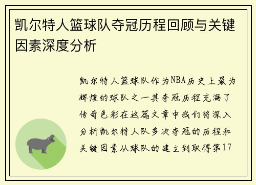 凯尔特人篮球队夺冠历程回顾与关键因素深度分析